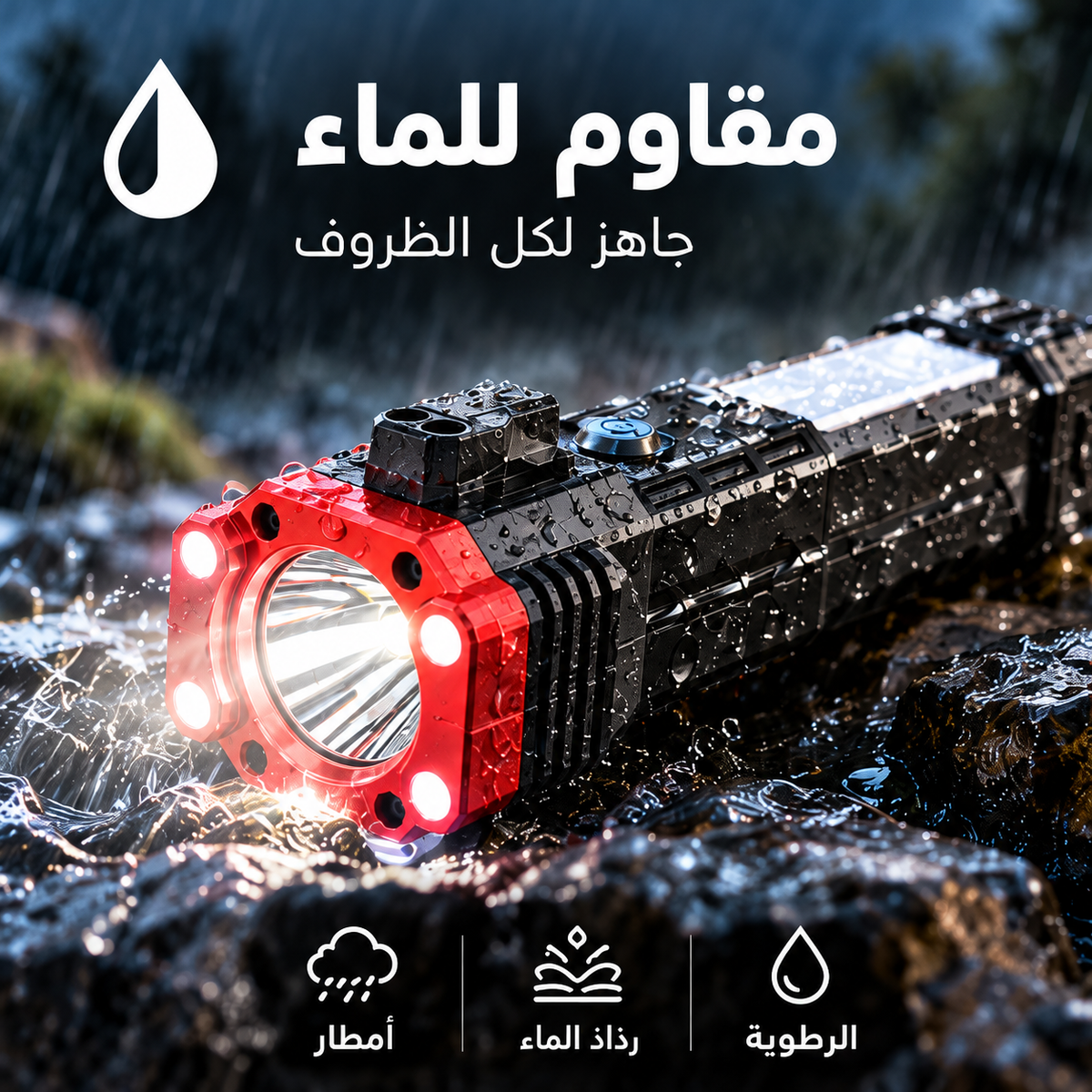 مقاوم للماء — المصباح يعمل تحت المطر ورذاذ الماء والرطوبة